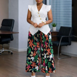 Women Fashion Sleeveless Button Solid V-Neck Printed Pleated Wide-Leg Pants Africa Two-Piece Set