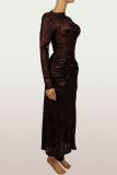 Women Round Neck Slit Mesh See-Through Long Sleeve Dress
