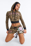 Women Leopard Print Zip Hooded Street Hoodie Shorts Set