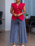 Women Fashion Sleeveless Button Solid V-Neck Printed Pleated Wide-Leg Pants Africa Two-Piece Set