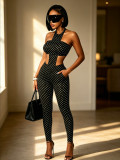 Women Polka Dot Halter Neck Slim Fit Pants Set