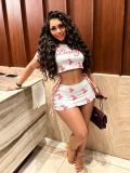 Fashion Women Printed Round Neck Lace-Up  Two-Piece Skirt Set