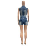 Women Sexy High-Stretch Washed Denim Pocket Jumpsuit