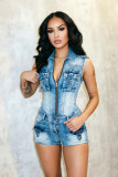 Women Sexy High-Stretch Washed Denim Pocket Jumpsuit
