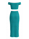 Women Off-Shoulder Striped Crop Top Slit Bodycon Skirt Two-Piece Set
