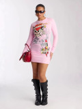 Women White Floral Round Neck Slim Waist Long Sleeve Bodycon Dress