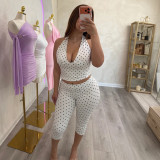 Women Polka Dot Halter Neck Tank Top Cropped Pants Two-Piece Set