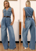 Women Slim Fit Stretch Denim Jumpsuit Wide-Leg Pants