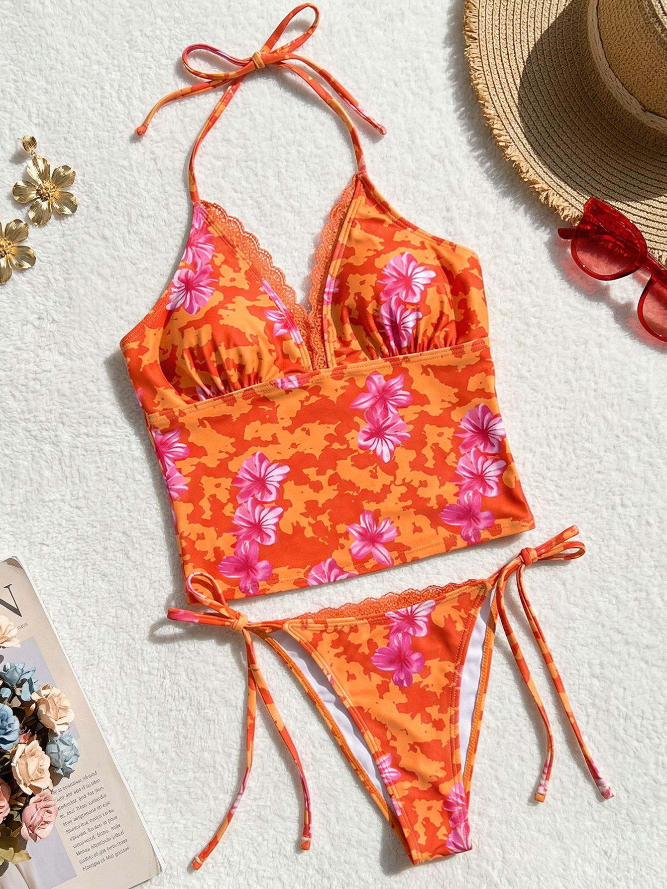 Lace Trim Lace-Up Two-Piece Tankini Swimsuit for Summer