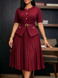 Summer Women Africa Round Neck Patchwork Pleated Faux Two-Piece Solid Plus Size Dress