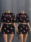 Fashion Women Printed Round Neck Lace-Up  Two-Piece Skirt Set