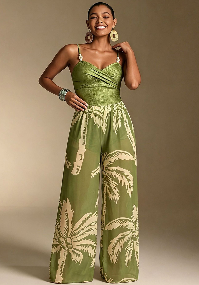 Slim Fit One-Piece Swimsuit & Wide Leg Pants Set