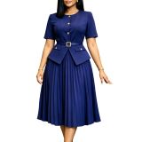 Summer Women Africa Round Neck Patchwork Pleated Faux Two-Piece Solid Plus Size Dress