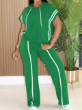 Women Casual Sport Hooded T-Shirt Wide-Leg Pants Striped Two-Piece Set