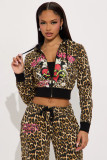 Women Leopard Print Zip Hooded Street Hoodie Shorts Set