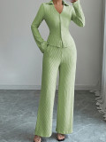 Women Casual Career Textured Bell Bottom Slim Waist Wide-Leg Pants Two-Piece Set