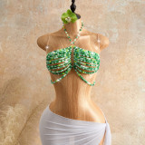 Women Green Beaded Halter Neck Crop Top Beach Party Vest