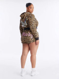 Women Leopard Print Zip Hooded Street Hoodie Shorts Set