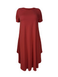 Plus Size Women Solid Round Neck Short Sleeve A-Line Midi Dress