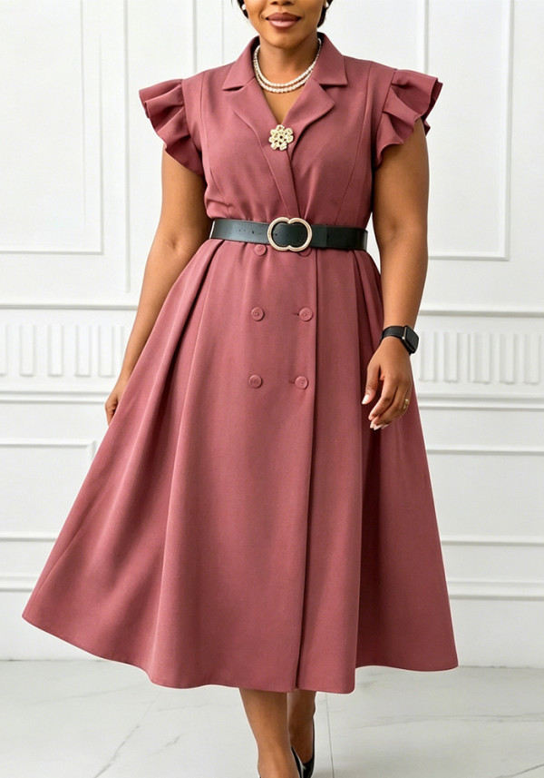 Summer Women Elegant Turn-Down Collar Double-Breasted Short Sleeve Plus Size Africa Dress