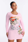 Women White Floral Round Neck Slim Waist Long Sleeve Bodycon Dress