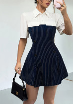 Spring Summer Women Striped Patchwork Slim Waist A-Line Shirt Dress Spring Summer Women Striped Patchwork Slim Waist A-Line Shirt Dress
