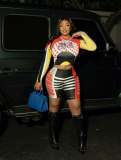 Women Sexy Letter Colorblock Long Sleeve Shorts Set