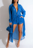 Women See-Through Long Sleeve Button Slit Long Shirt Shorts Set