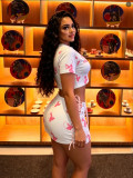 Fashion Women Printed Round Neck Lace-Up  Two-Piece Skirt Set