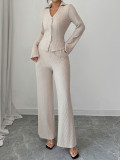 Women Casual Career Textured Bell Bottom Slim Waist Wide-Leg Pants Two-Piece Set