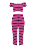 Women Off-Shoulder Striped Crop Top Slit Bodycon Skirt Two-Piece Set
