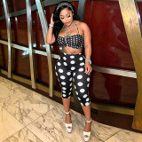 Women Strap Tank Tight Fit Polka Dot Headband Three-Piece Set