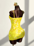 Women Sexy Lace Strap Slim Waist Print Low Back Bodycon Dress