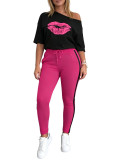 Women Sexy One-Shoulder Lips Print Top Pants Set