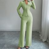 Women Casual Career Textured Bell Bottom Slim Waist Wide-Leg Pants Two-Piece Set