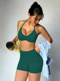 Women Seamless Yoga Halter Neck Low Back High Stretch Butt Lift Leggings Two-Piece Set