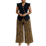 Women Fashion Sleeveless Button Solid V-Neck Printed Pleated Wide-Leg Pants Africa Two-Piece Set