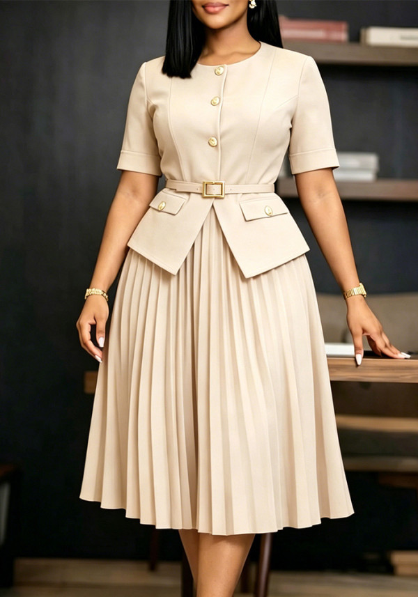 Summer Women Africa Round Neck Patchwork Pleated Faux Two-Piece Solid Plus Size Dress