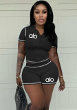 Summer Women High-Stretch Zip Hooded Casual Short Sleeve Top Shorts Two-Piece Set