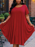 Plus Size Women Solid Round Neck Short Sleeve A-Line Midi Dress