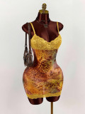 Women Sexy Lace Strap Slim Waist Print Low Back Bodycon Dress