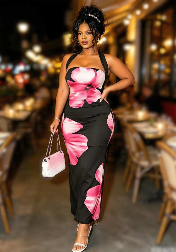 Women Sexy Black Pink Floral Halter Neck Bodycon Dress