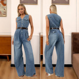 Women Slim Fit Stretch Denim Jumpsuit Wide-Leg Pants