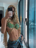 Women Green Beaded Halter Neck Crop Top Beach Party Vest