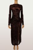 Women Round Neck Slit Mesh See-Through Long Sleeve Dress