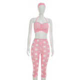 Women Strap Tank Tight Fit Polka Dot Headband Three-Piece Set