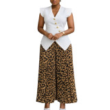 Women Fashion Sleeveless Button Solid V-Neck Printed Pleated Wide-Leg Pants Africa Two-Piece Set