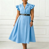Summer Women Elegant Turn-Down Collar Double-Breasted Short Sleeve Plus Size Africa Dress