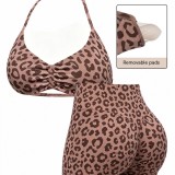 Women Seamless Yoga Halter Neck Low Back High Stretch Butt Lift Leggings Two-Piece Set