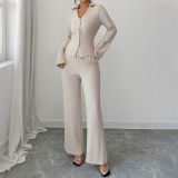 Women Casual Career Textured Bell Bottom Slim Waist Wide-Leg Pants Two-Piece Set